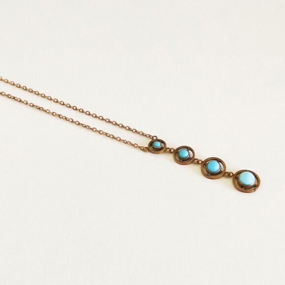 Antique Yellow Gold Filled Blue Robin's Egg Enamel Graduated Drop Necklace 17" - Picture 9 of 13